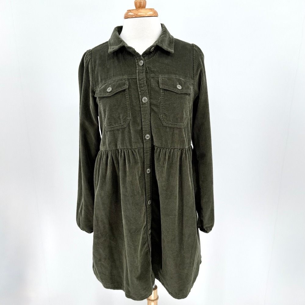 American Eagle Fall Olive Green Corduroy Babydoll Shirt Dress Womens Sz Small
